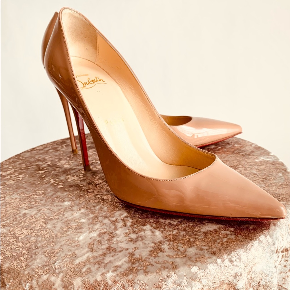 Christian Louboutin “Kate” patent leather Nude heels.